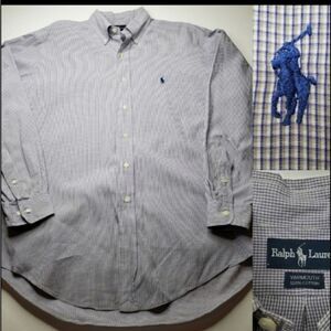 L POLO RALPH LAUREN Yarmouth Blue Gray Check Plaid Shirt LARGE 16 34 35 large
